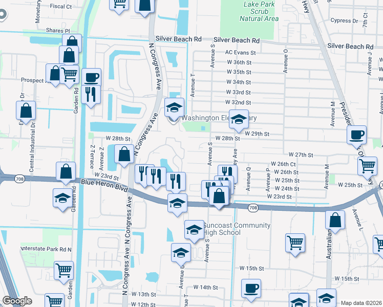 map of restaurants, bars, coffee shops, grocery stores, and more near 2831 Avenue S in Riviera Beach