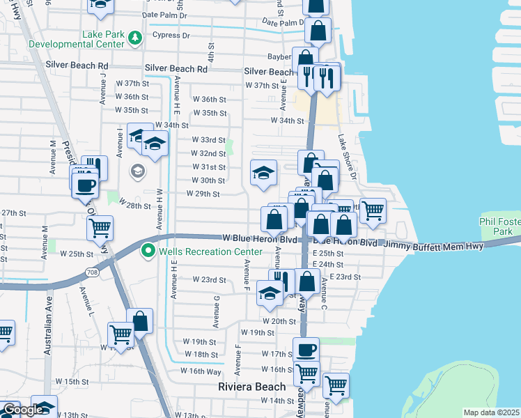 map of restaurants, bars, coffee shops, grocery stores, and more near 182 West 28th Street in West Palm Beach