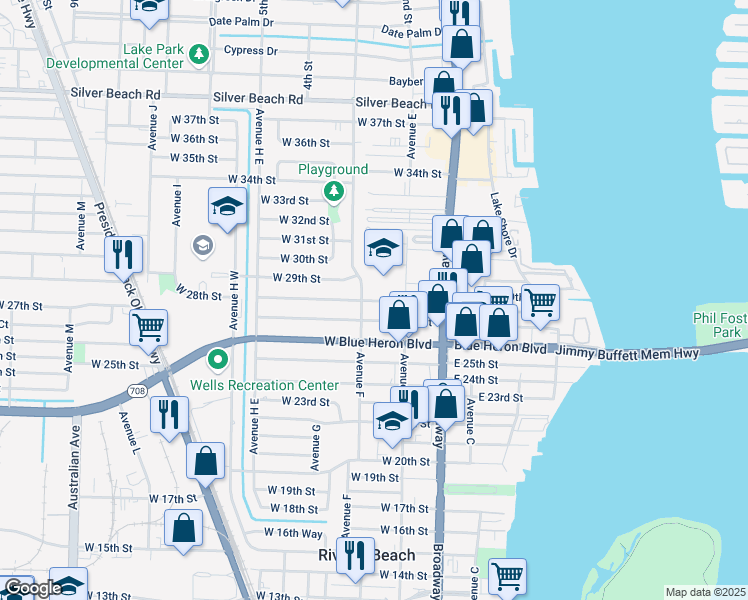 map of restaurants, bars, coffee shops, grocery stores, and more near 182 West 28th Street in West Palm Beach
