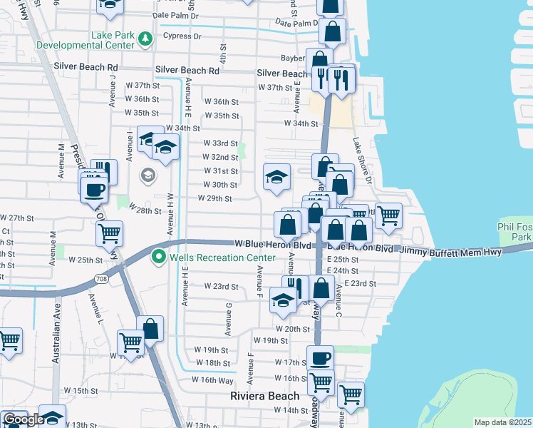 map of restaurants, bars, coffee shops, grocery stores, and more near 182 West 28th Street in West Palm Beach