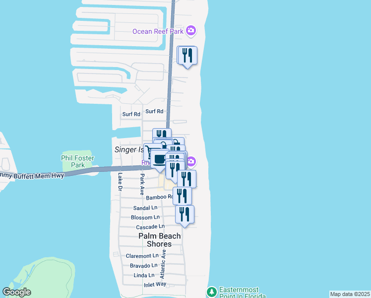 map of restaurants, bars, coffee shops, grocery stores, and more near 2700 North Ocean Drive in Palm Beach Shores
