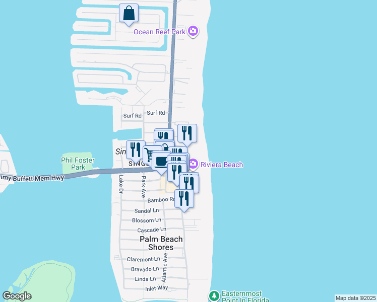 map of restaurants, bars, coffee shops, grocery stores, and more near 2800 North Ocean Drive in Riviera Beach