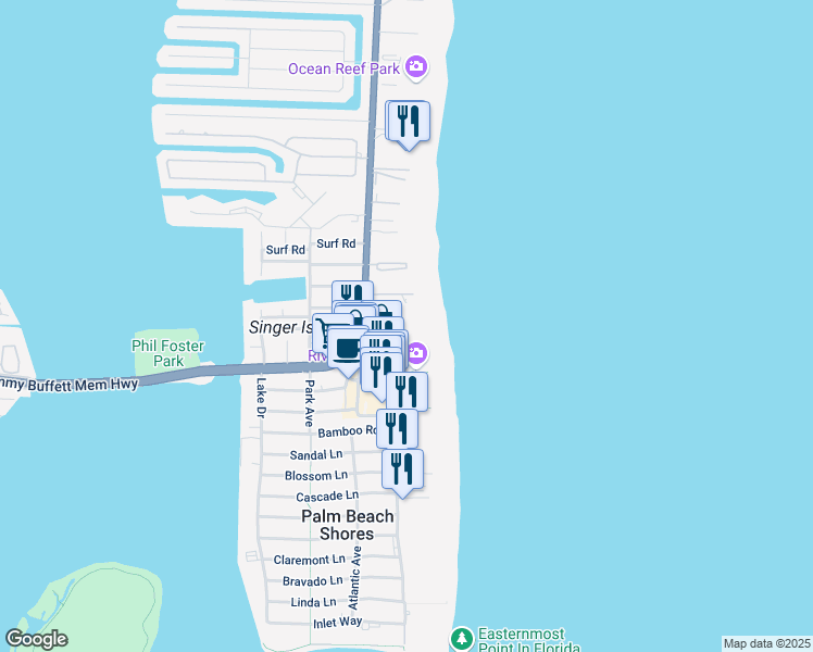 map of restaurants, bars, coffee shops, grocery stores, and more near 2700 North Ocean Drive in Riviera Beach