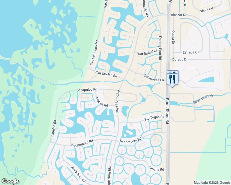 map of restaurants, bars, coffee shops, grocery stores, and more near 16800 Acapulco Road in Punta Gorda