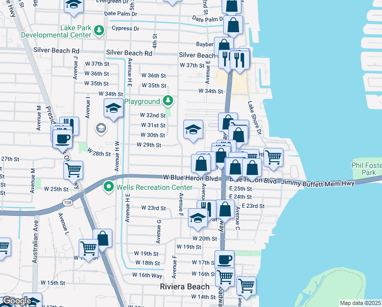 map of restaurants, bars, coffee shops, grocery stores, and more near 182 West 28th Street in West Palm Beach
