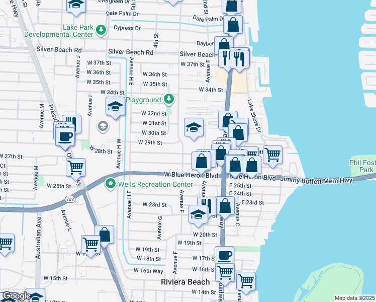 map of restaurants, bars, coffee shops, grocery stores, and more near 182 West 28th Street in West Palm Beach