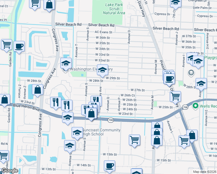 map of restaurants, bars, coffee shops, grocery stores, and more near 1340 West 27th Street in West Palm Beach