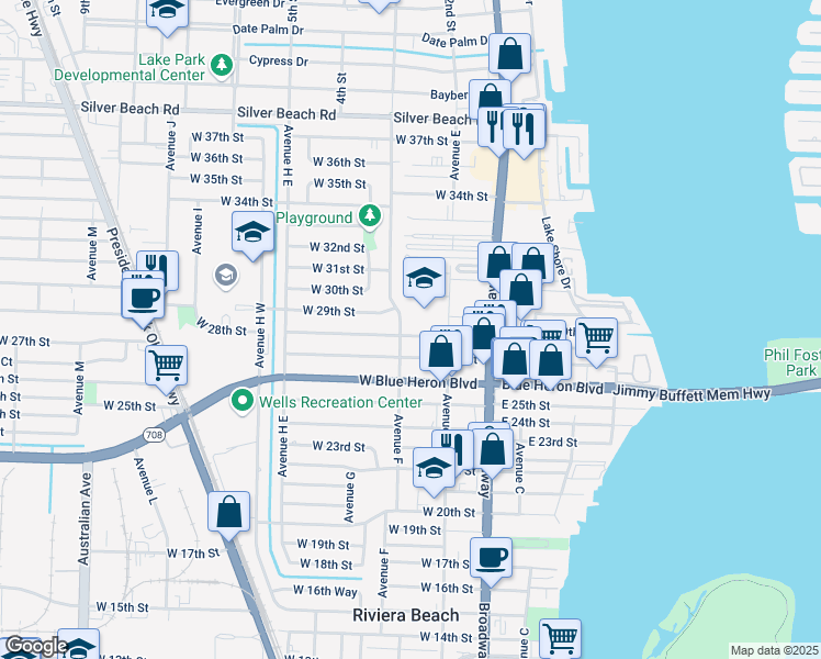 map of restaurants, bars, coffee shops, grocery stores, and more near 182 West 28th Street in West Palm Beach
