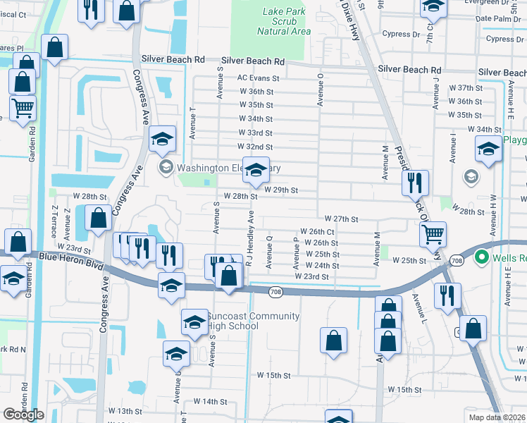map of restaurants, bars, coffee shops, grocery stores, and more near 1340 West 27th Street in West Palm Beach