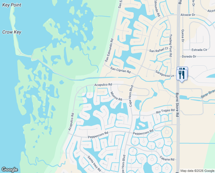 map of restaurants, bars, coffee shops, grocery stores, and more near 16910 Acapulco Road in Punta Gorda