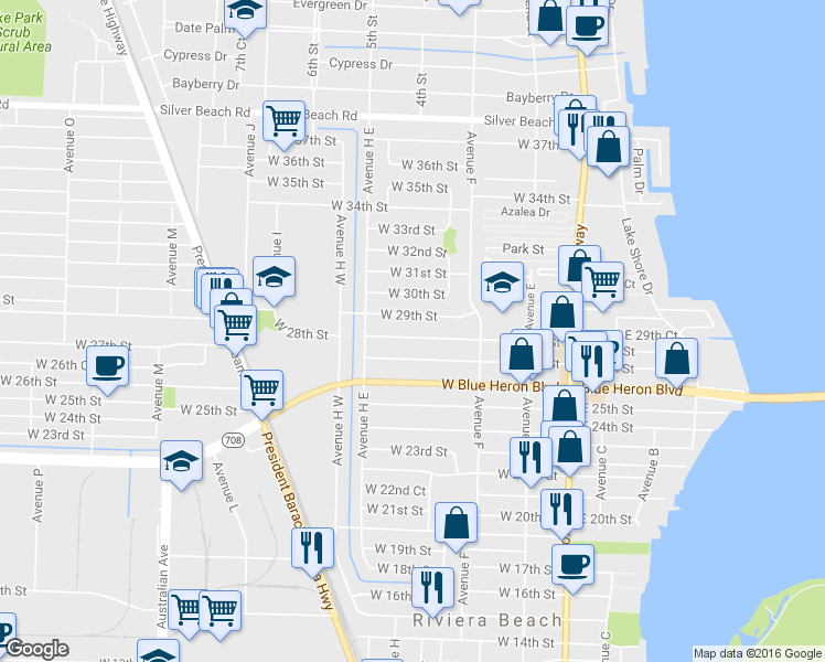 map of restaurants, bars, coffee shops, grocery stores, and more near 360 West 28th Street in West Palm Beach