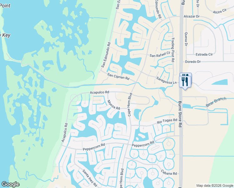 map of restaurants, bars, coffee shops, grocery stores, and more near 16842 Acapulco Road in Punta Gorda