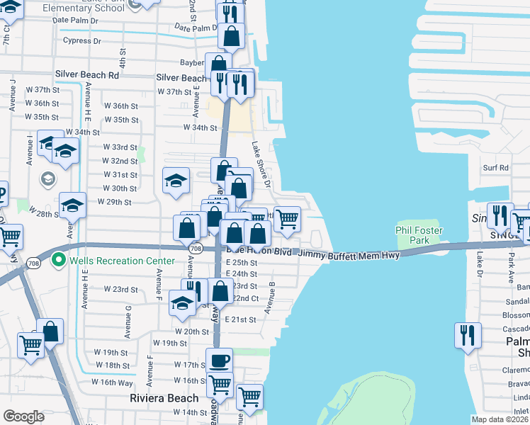 map of restaurants, bars, coffee shops, grocery stores, and more near 178 East 29th Court in West Palm Beach
