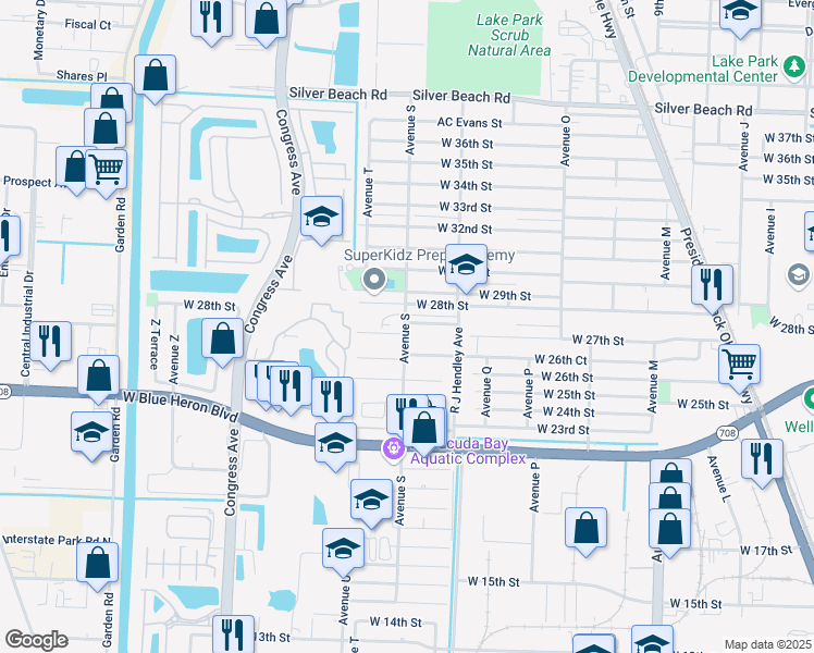 map of restaurants, bars, coffee shops, grocery stores, and more near 2830 Avenue S in Riviera Beach