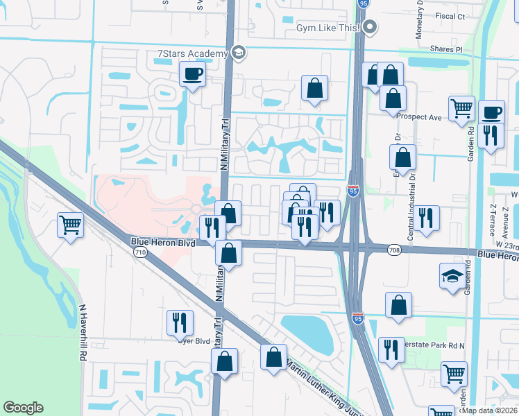 map of restaurants, bars, coffee shops, grocery stores, and more near 4333 73rd Lane North in Riviera Beach