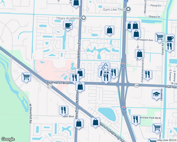 map of restaurants, bars, coffee shops, grocery stores, and more near 4425 73rd Lane North in Riviera Beach