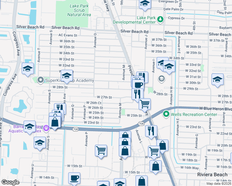 map of restaurants, bars, coffee shops, grocery stores, and more near 1104 West 27th Street in West Palm Beach