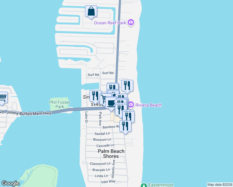 map of restaurants, bars, coffee shops, grocery stores, and more near 1271 South Harbor Drive in Riviera Beach