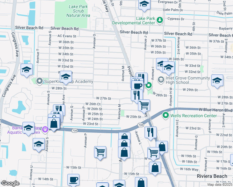 map of restaurants, bars, coffee shops, grocery stores, and more near 1104 West 27th Street in West Palm Beach