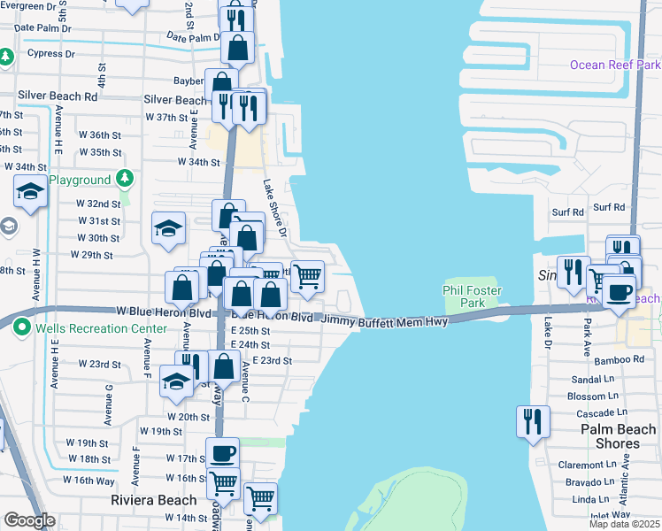 map of restaurants, bars, coffee shops, grocery stores, and more near 360 Wilma Circle in West Palm Beach