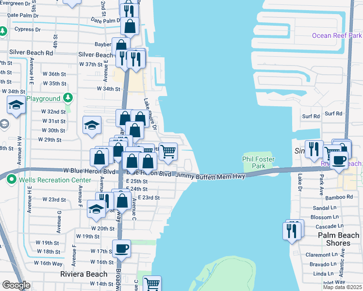 map of restaurants, bars, coffee shops, grocery stores, and more near 360 Wilma Circle in West Palm Beach