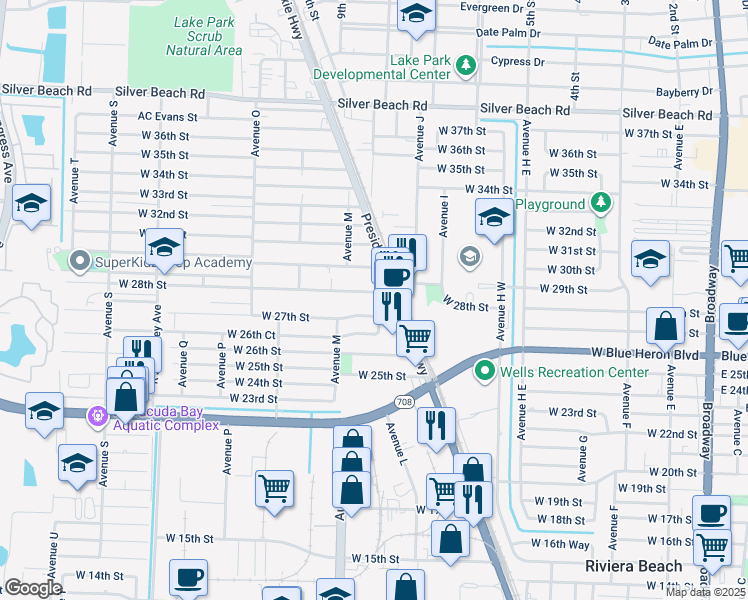 map of restaurants, bars, coffee shops, grocery stores, and more near 1037 West 28th Street in West Palm Beach