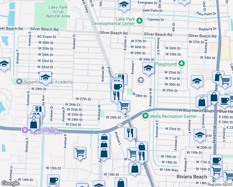 map of restaurants, bars, coffee shops, grocery stores, and more near 2755 Old Dixie Highway in Riviera Beach