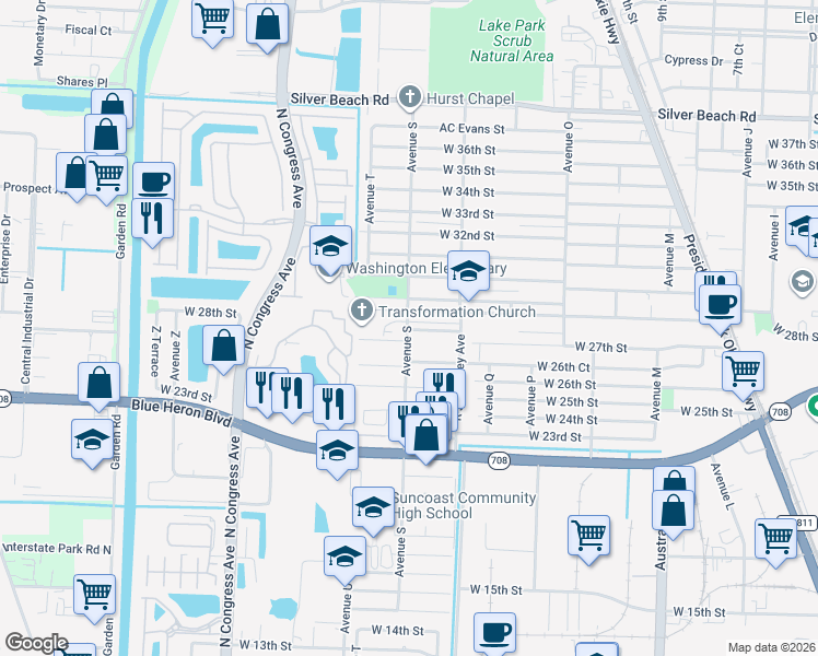 map of restaurants, bars, coffee shops, grocery stores, and more near 2830 Avenue S in Riviera Beach