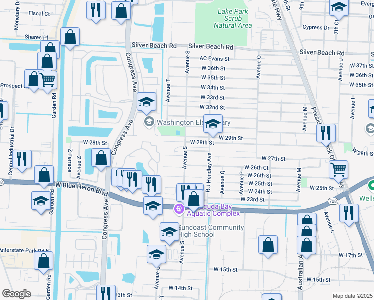 map of restaurants, bars, coffee shops, grocery stores, and more near 2820 Avenue S in Riviera Beach