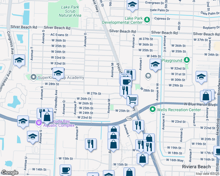 map of restaurants, bars, coffee shops, grocery stores, and more near 1069 West 28th Street in West Palm Beach