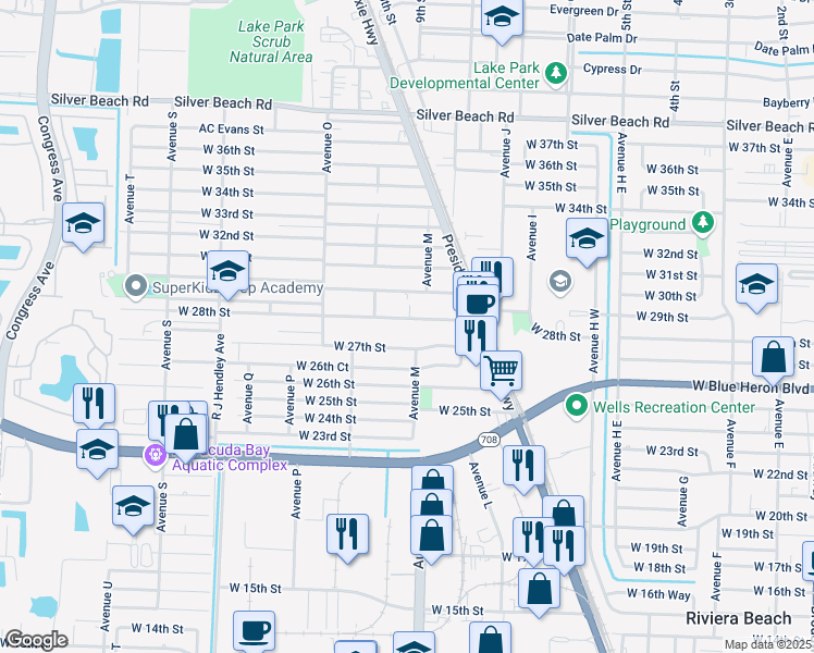 map of restaurants, bars, coffee shops, grocery stores, and more near 1104 West 27th Street in West Palm Beach
