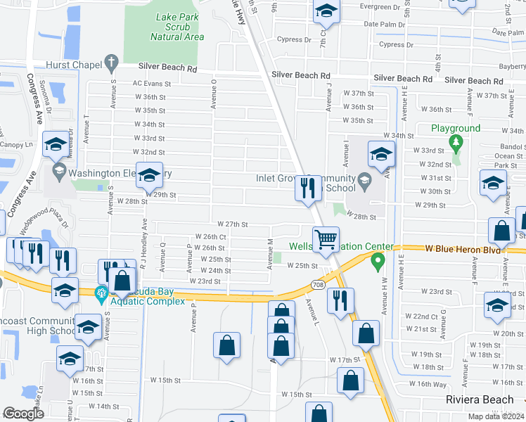 map of restaurants, bars, coffee shops, grocery stores, and more near 1104 West 27th Street in West Palm Beach