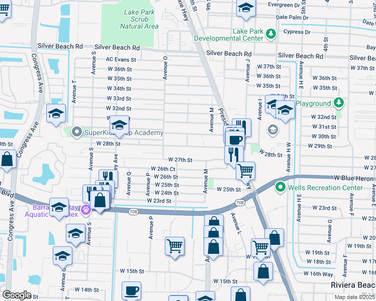 map of restaurants, bars, coffee shops, grocery stores, and more near 1225 West 28th Street in West Palm Beach