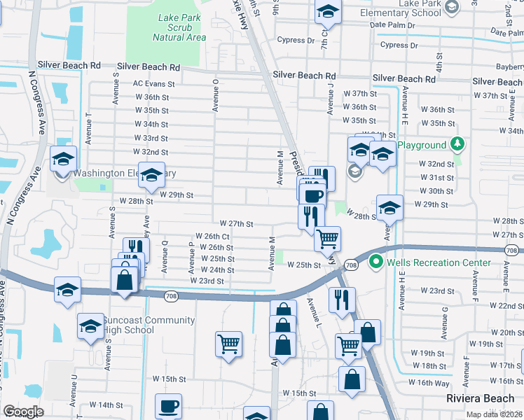 map of restaurants, bars, coffee shops, grocery stores, and more near 1149 West 28th Street in Riviera Beach
