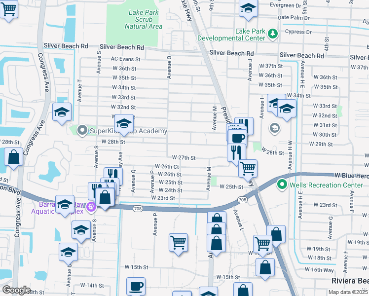 map of restaurants, bars, coffee shops, grocery stores, and more near 1225 West 28th Street in West Palm Beach