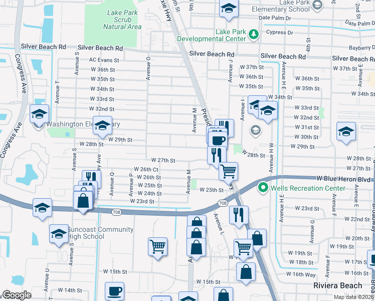 map of restaurants, bars, coffee shops, grocery stores, and more near 1104 West 27th Street in West Palm Beach