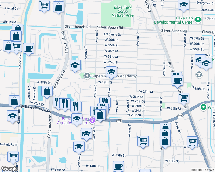 map of restaurants, bars, coffee shops, grocery stores, and more near 2830 Avenue R in Riviera Beach