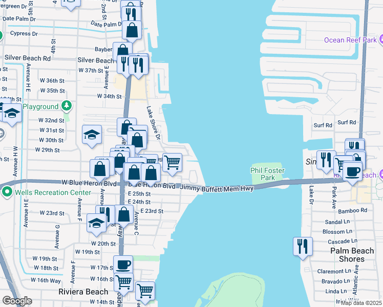 map of restaurants, bars, coffee shops, grocery stores, and more near 360 Wilma Circle in West Palm Beach