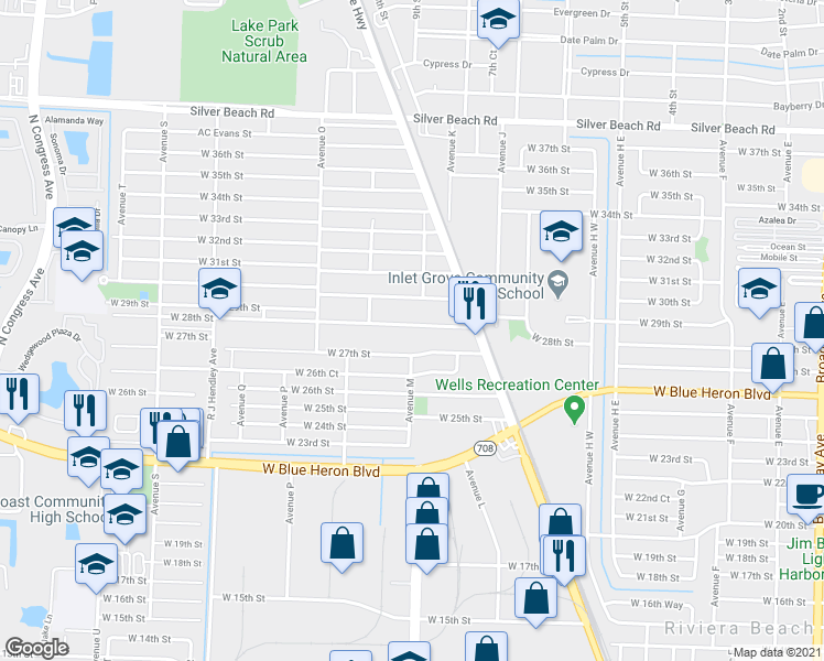 map of restaurants, bars, coffee shops, grocery stores, and more near 1104 West 27th Street in West Palm Beach