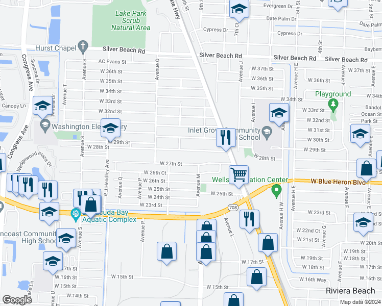 map of restaurants, bars, coffee shops, grocery stores, and more near 1104 West 27th Street in West Palm Beach