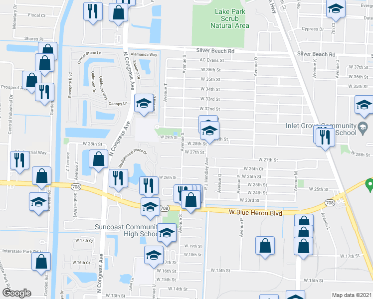 map of restaurants, bars, coffee shops, grocery stores, and more near 2830 Avenue S in Riviera Beach