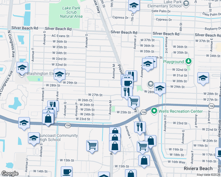 map of restaurants, bars, coffee shops, grocery stores, and more near 1125 West 28th Street in Riviera Beach