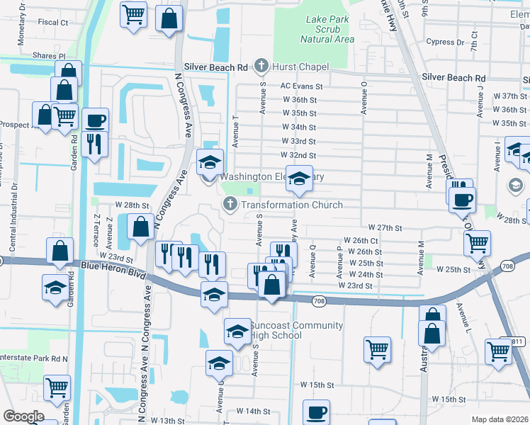 map of restaurants, bars, coffee shops, grocery stores, and more near 2830 Avenue S in Riviera Beach