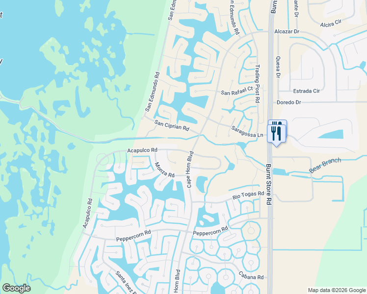 map of restaurants, bars, coffee shops, grocery stores, and more near 16800 Acapulco Road in Punta Gorda