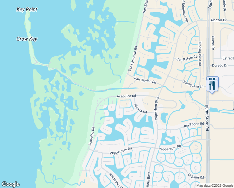 map of restaurants, bars, coffee shops, grocery stores, and more near 16950 Acapulco Road in Punta Gorda
