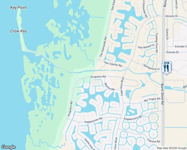 map of restaurants, bars, coffee shops, grocery stores, and more near 16950 Acapulco Road in Punta Gorda
