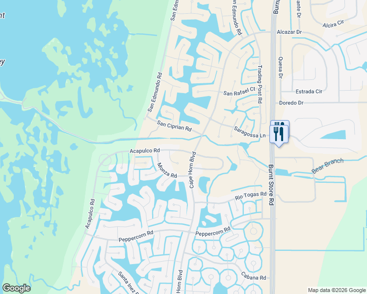 map of restaurants, bars, coffee shops, grocery stores, and more near 16800 Acapulco Road in Punta Gorda