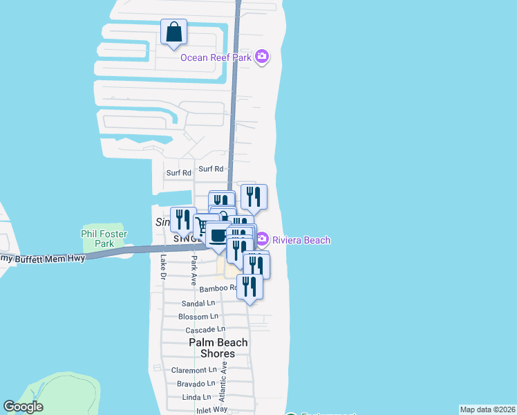 map of restaurants, bars, coffee shops, grocery stores, and more near 2800 North Ocean Drive in Riviera Beach