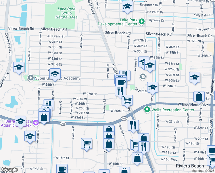 map of restaurants, bars, coffee shops, grocery stores, and more near 1069 West 28th Street in West Palm Beach