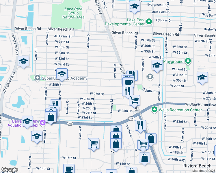 map of restaurants, bars, coffee shops, grocery stores, and more near 1104 West 27th Street in West Palm Beach